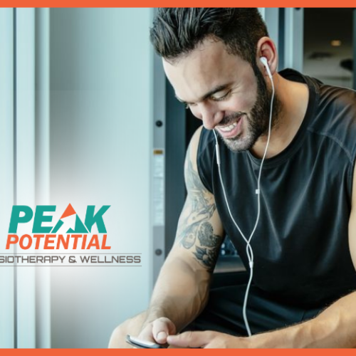 Peak Potential Logo with Man At Gym Wearing Headphones