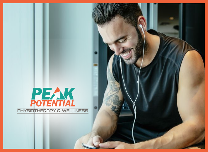 Peak Potential Logo with Man At Gym Wearing Headphones